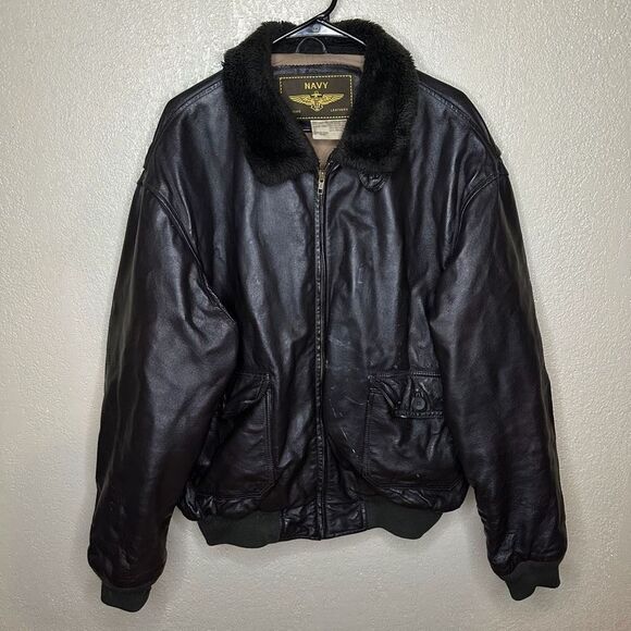 Navy Landing Leathers Dark Brown Fur Collar Genuine Leather Bomber Jacket Large - Picture 2 of 6